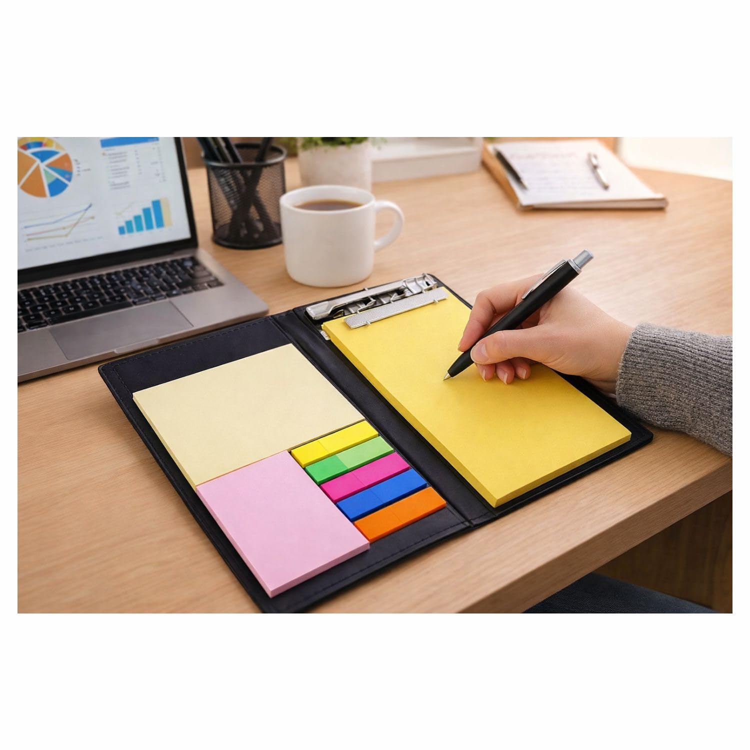 Note Pad Diary Style Desk Organizer With Sticky Notes, Clip Holder & Pen | Home Notebook - Yellow