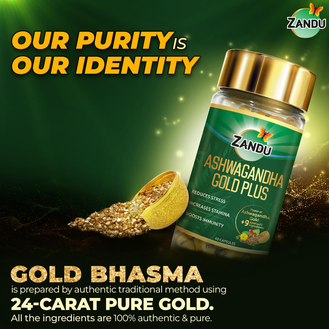 Zandu Ashwagandha Gold Plus Made With Gold, Ashwagandha, Safed Musli, Shilajit & Other Ayurvedic Ingredients, Helps To Boost Stamina, Strengthens Immunity | 60 Capsules 100gm 0.2lbs