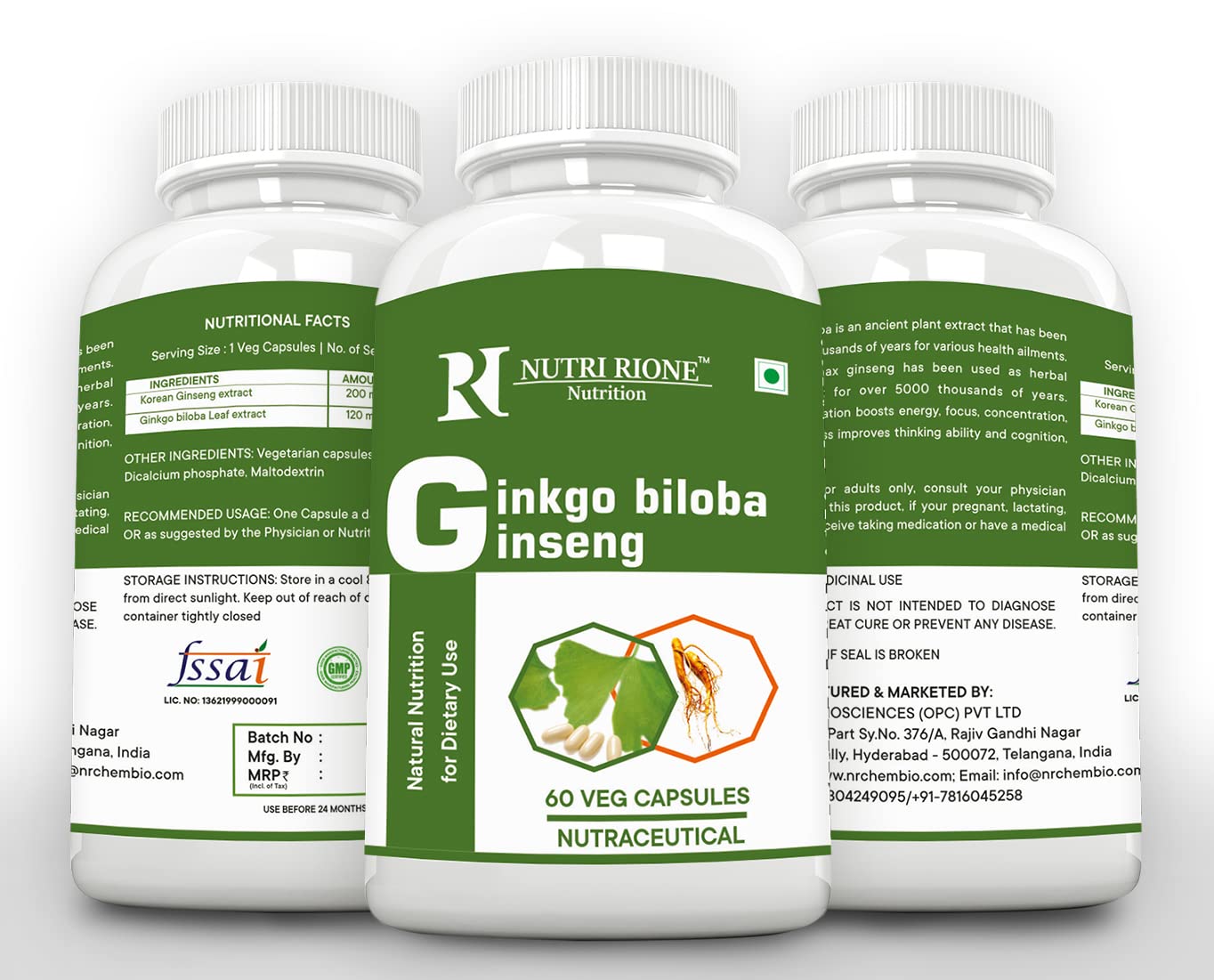 Nutri Rione Ginseng With Ginkgibiloba, Powerful Antioxidant Improves Immunity | 60 Veg Capsules 100gm 0.2lbs