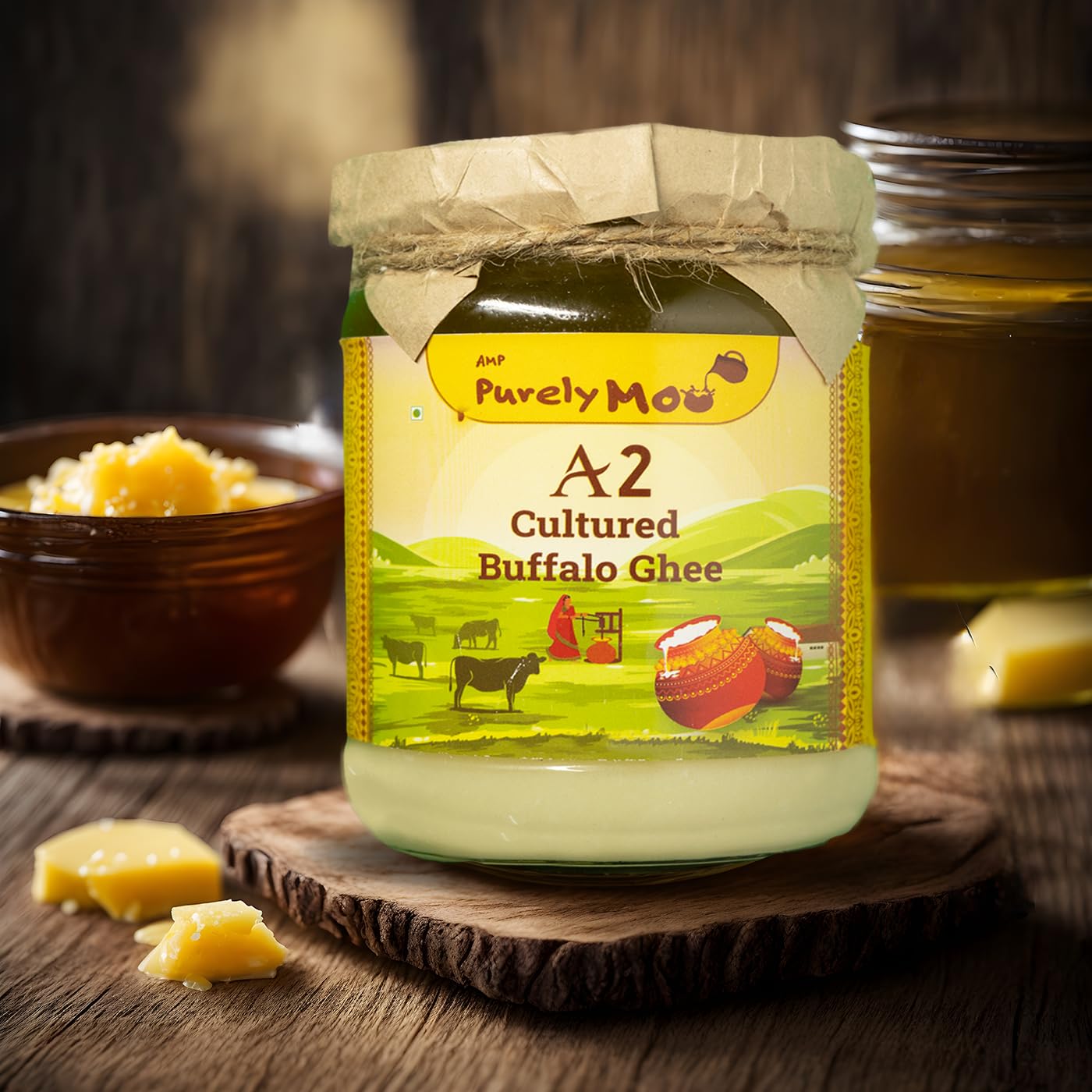 100% Natural A2 Cultured Buffalo Ghee By AMP Purely Moo | Traditional Bilona Method Healthy Buffalo Desi Ghee For Dishes | (250ml) 8.4 Ounce | Jar Pack
