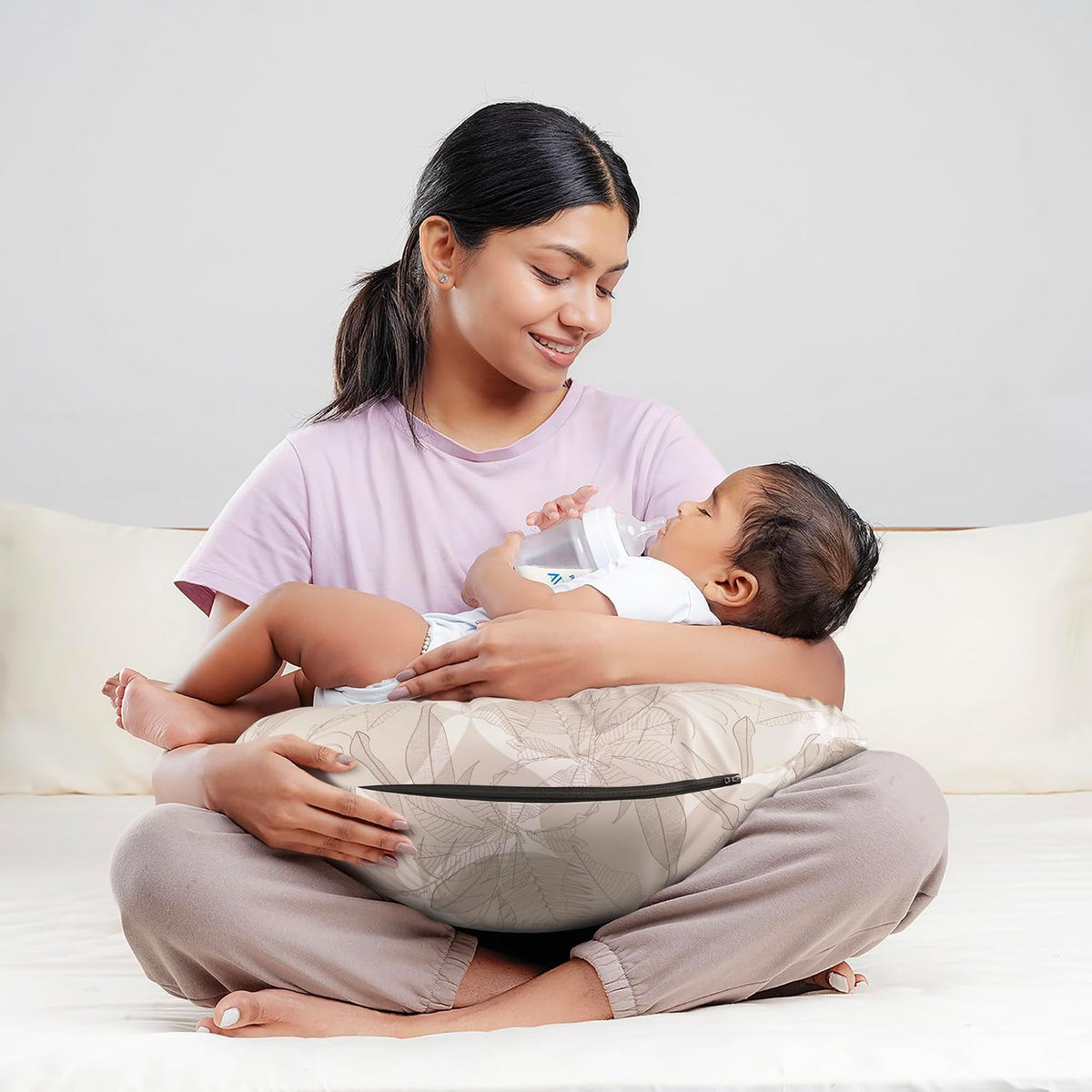 Feeding Pillow For New Born Baby, 5 In 1 Multipurpose Use, Nursing Pillow, Light Brown | For Breastfeeding With Cotton Removable Cover | Stay-Put Support For Every Position, Easy To Clean