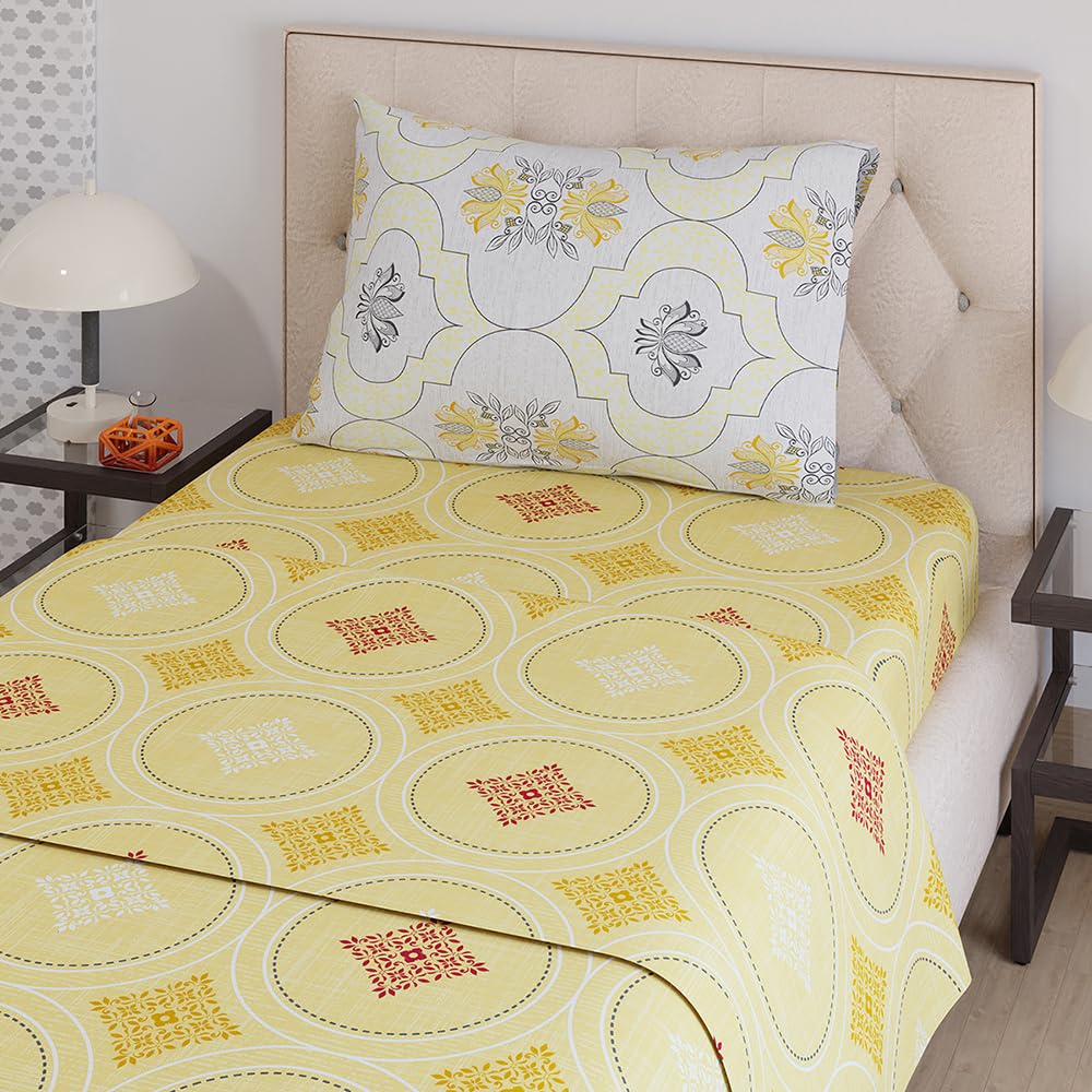 Single Bedsheet With One Pillow Covers Size - 59 X 87 Inches, Yellow | Light Weight & Durable Bedsheet Set - Wrinkle Resistant Beautifully Designed Collection