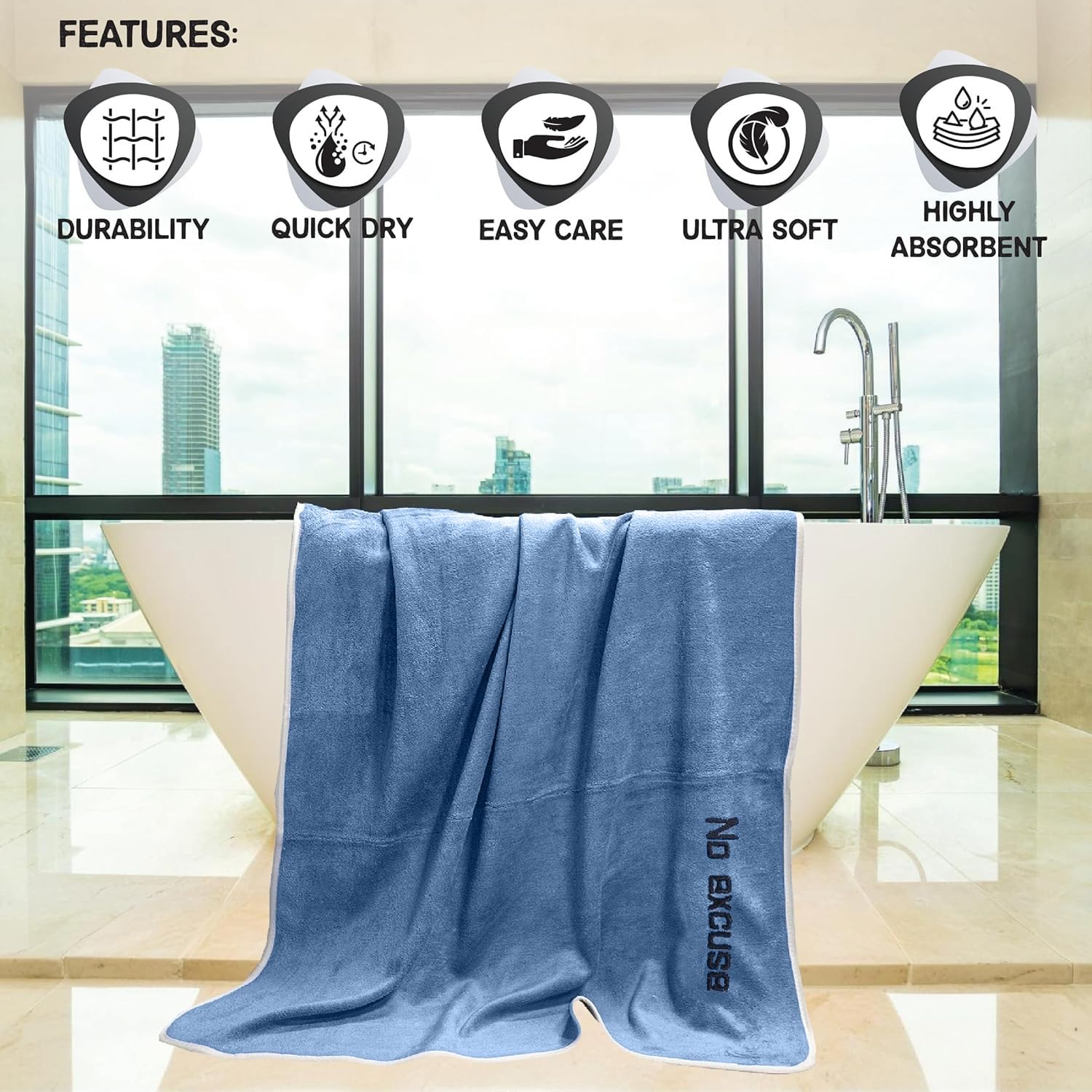 Housse Premium Soft Microfiber Embroidery Bath Towel 350 Gsm | Soft Absorbent Quick-Drying Sweat Towel (No Excuse - Dark Blue)
