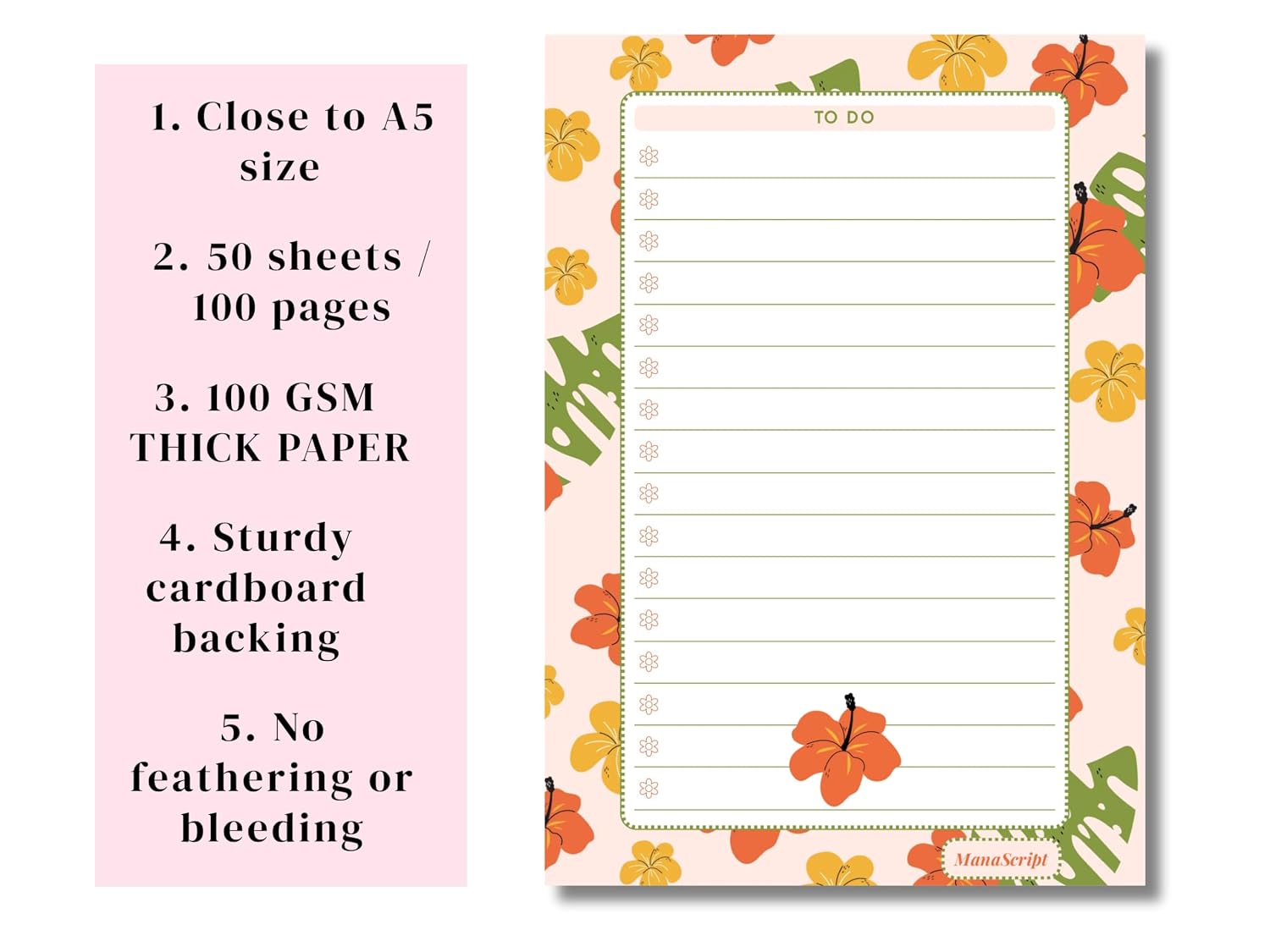 A5 Notes/To Do List Notepad, Beautiful Checklist Pad, Tear-Off Sheets (Flower, Orange) Pack Of 1