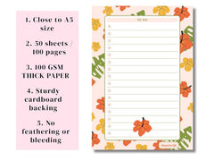 A5 Notes/To Do List Notepad, Beautiful Checklist Pad, Tear-Off Sheets (Flower, Orange) Pack Of 1