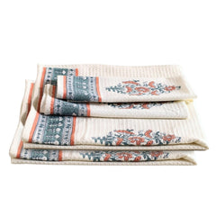 Peepul Tree Block Printed 2 Hand & 2 Bath Towels 240 Gsm | Super Absorbent Soft & Faster Drying, Floral Printed (Peach & Teal)
