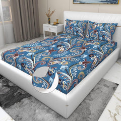 Elastic Fitted Bedsheet For King Size With 2 Pillow Covers - 72 X 78 X 8 Inches, Blue | Presents Luxurious Glace Cotton Super Soft 210 Thread Count