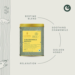 Luxmi Estates Chamomile Honey Herbal Tea - 50gm Tin Caddy, 1.7 Ounce, 25 Cups | Stress Relief Bedtime Tea For Restful & Peaceful Sleep - USDA Organic Certified, Caffeine-Free Herbal Tea