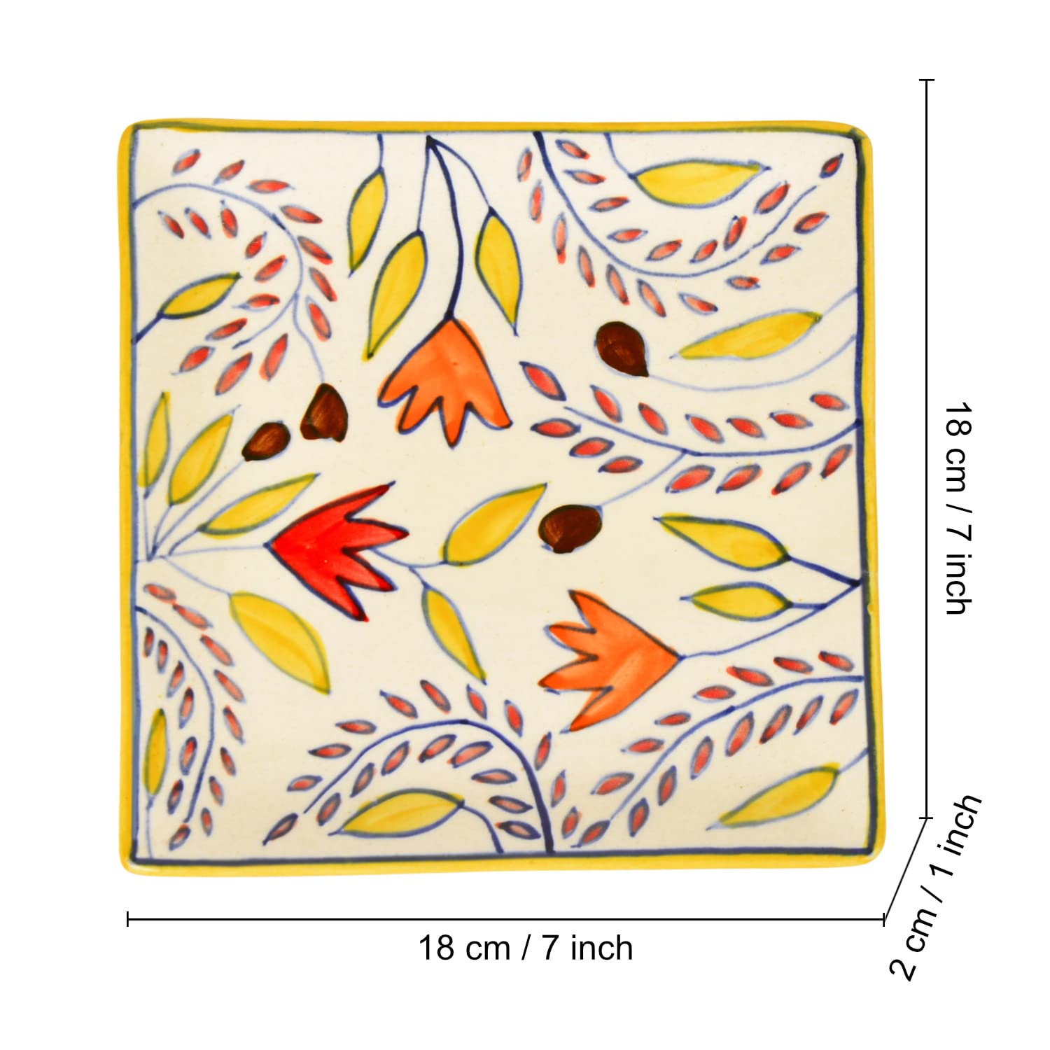 Premium Hand Painted In Traditional Design Ceramic Square Platter - Multicolor, L X B – 18 Cm X 18 Cm | Starter Serving Tray