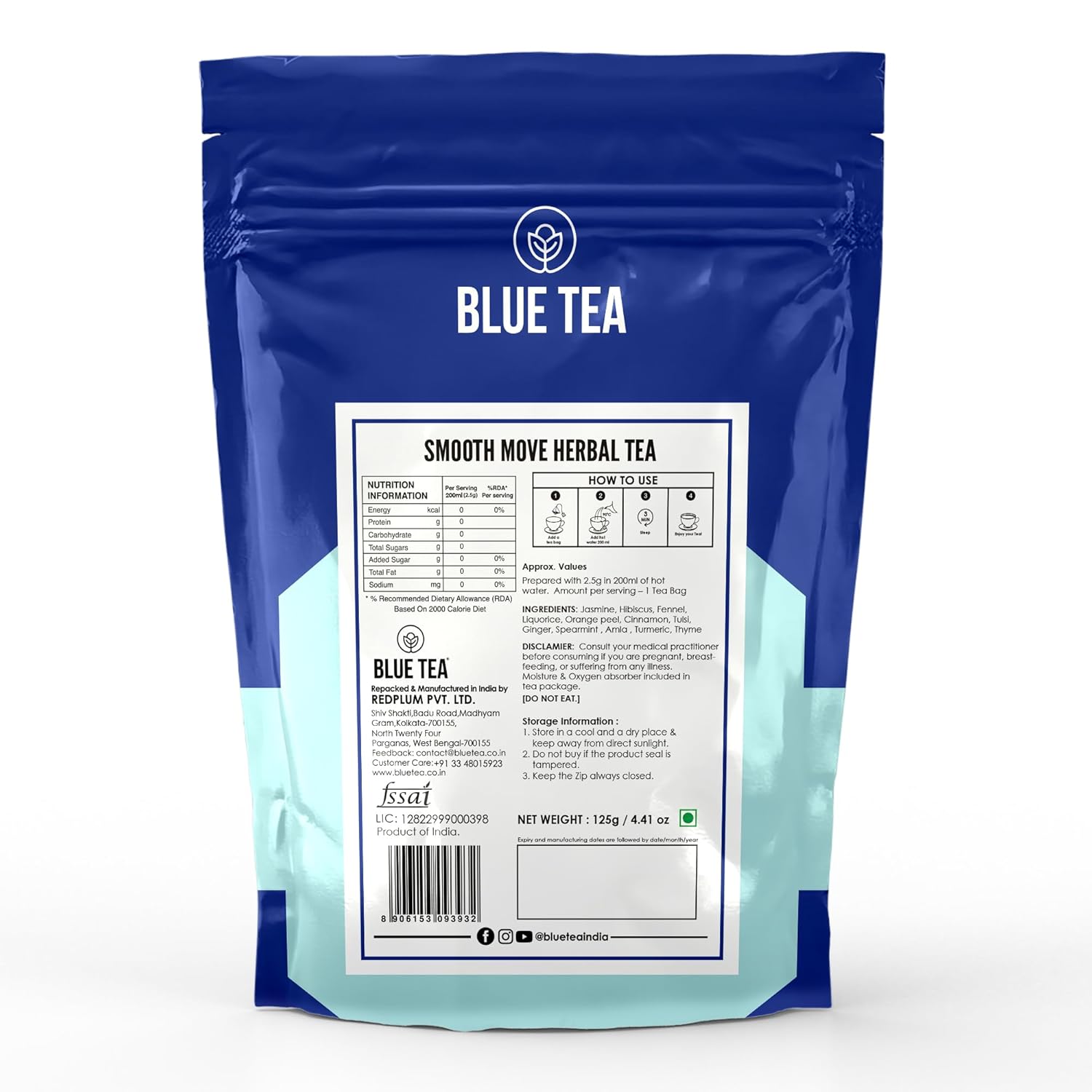 Blue Tea Caffeine Free Smooth Move Herbal Tea - 50 Pyramid Tea Bags In Zip Lock Pack | Super Antioxidant - Gluten Free, Non-GMO, Zero Sugar, 100% Vegan