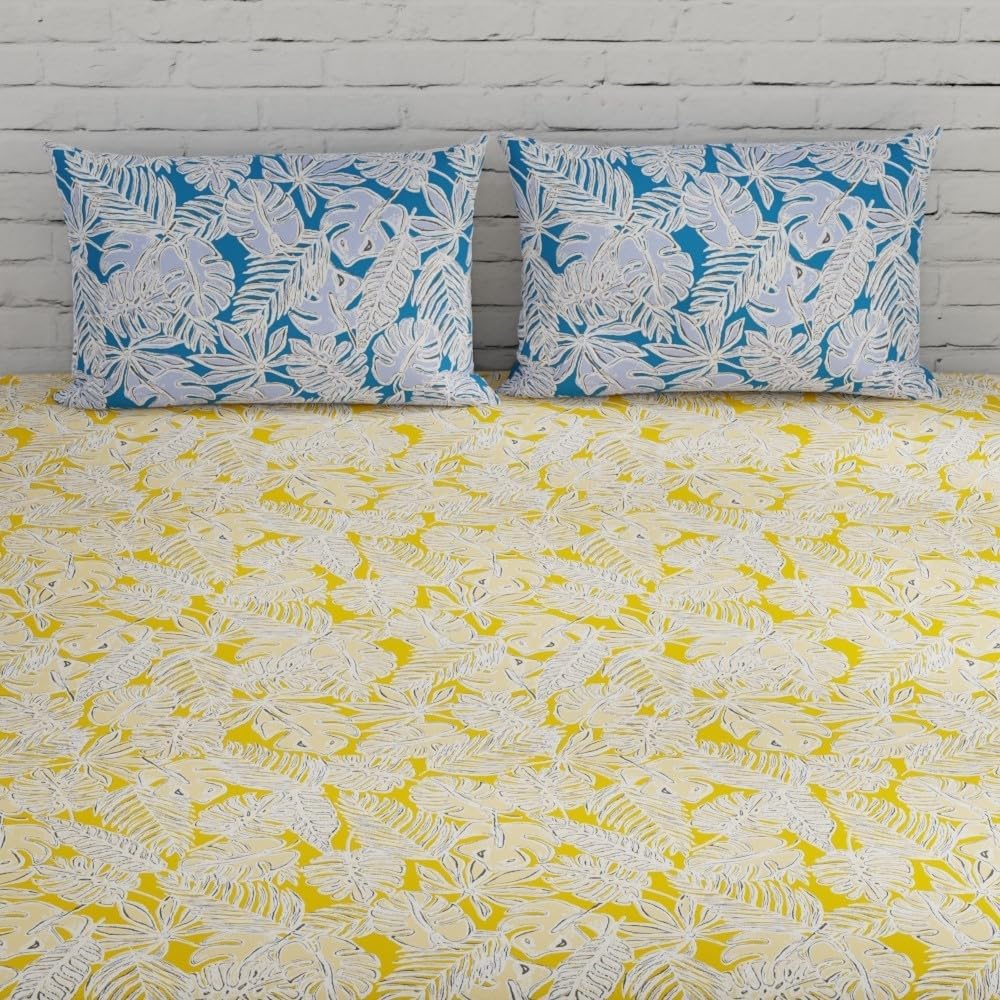 Bedsheet For Queen Size - 88 X 96 Inches, With 2 Pillow Covers, Yellow & Blue | Ideal For Daily Use & Gifting Bedsheet | Designer Printed Bedsheet Set