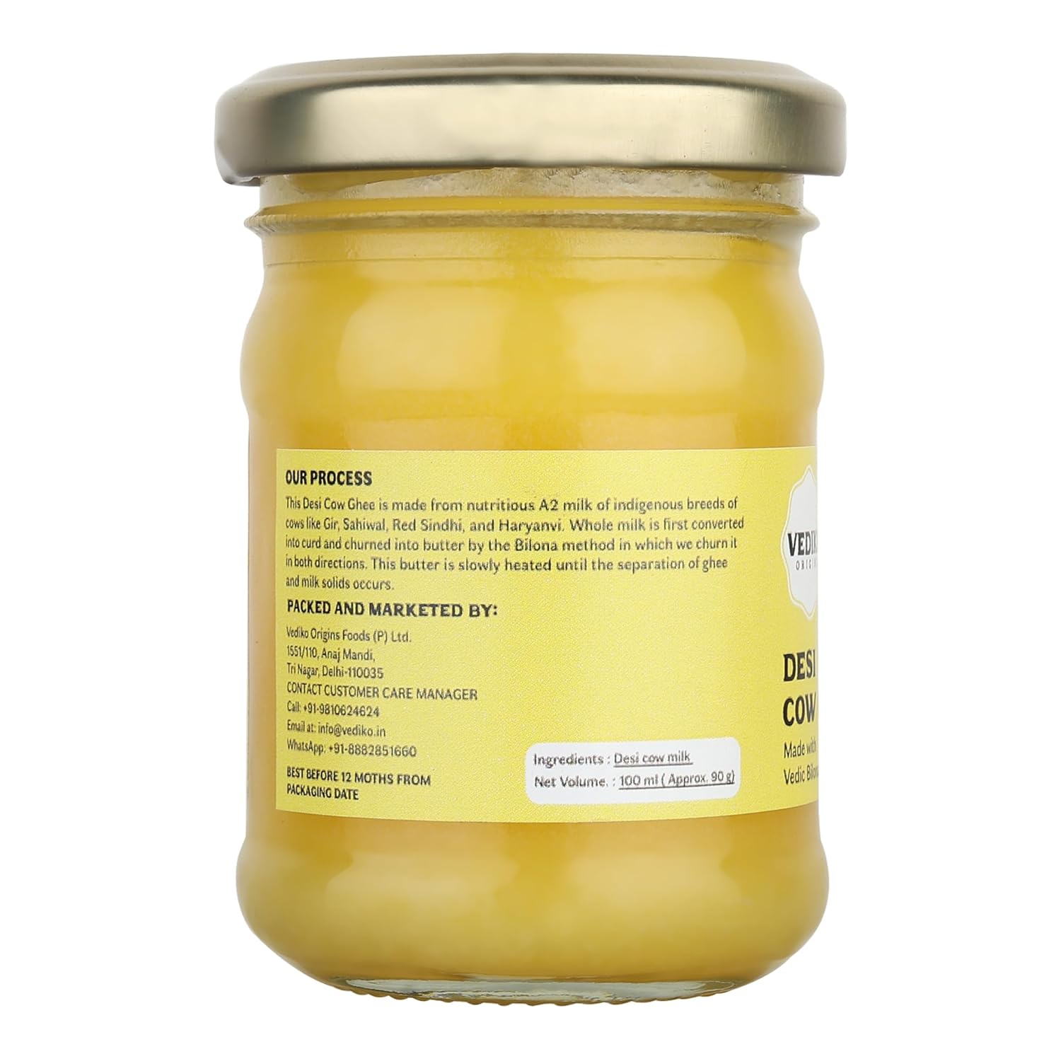 100% Natural Desi Cow Ghee By Vediko Origins | Natural & Healthy Sahiwal Breed Cow'S Milk Boost Your Immunity With Premium & Traditional Ghee | (100ml) 3.3 Ounce | Jar Pack
