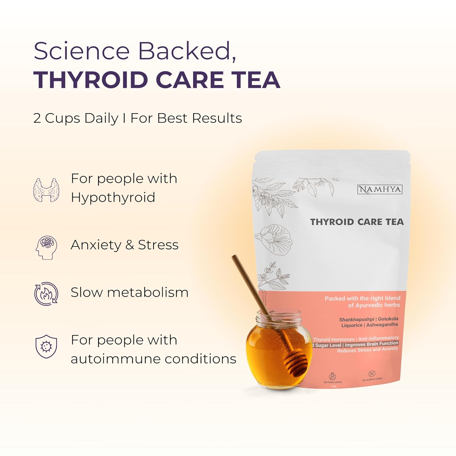 Namhya Thyroid Care Green Tea For Hypothyroidism - 100gm, 3.5 Ounce | Loaded With Natural Ayurvedic Herbs To Restore Healthy T3, T4 Levels - Helps Sleep, Weight Management | High Caffeine