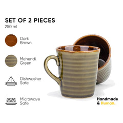 Ceramic Organic Coffee Cup Set Of 2 - 290ml Each, Mehndi Green | Medium Cup With Glossy Finish - Stoneware Coffee Cup Set | Ceramic Cup - Microwave Safe & Dishwasher Safe