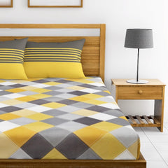 Cotton Bedsheet For Single Bed With 1 Pillow Cover - 54 X 84 Inches, Yellow & Grey | Soft Touch Cotton Fabric-Comfortable & Durable | Elegant Printed Bedding Set For Daily Use