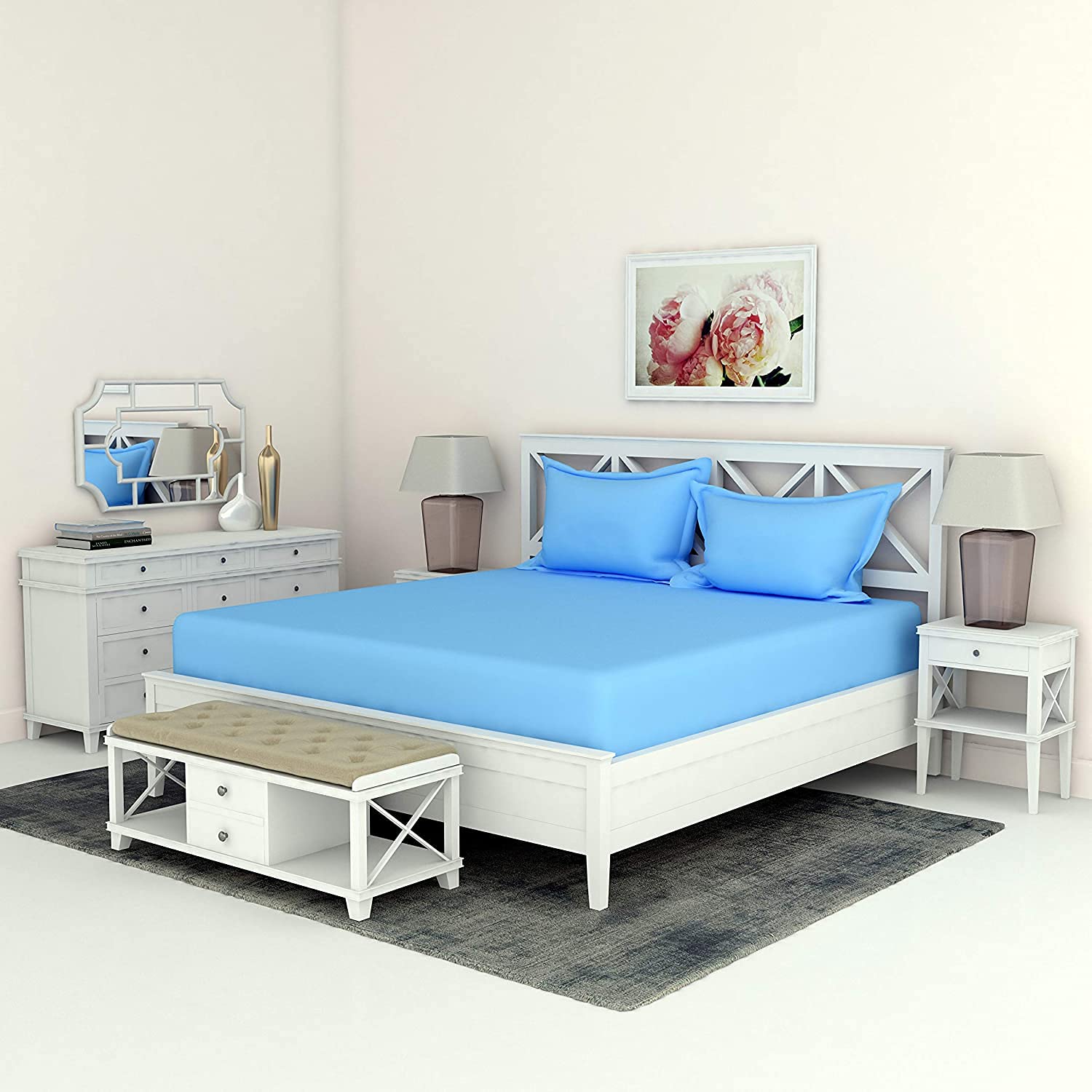 Cotton Bedsheet For Double Bed Queen Size - 90 X 100 Inches, Light Blue With 2 Pillow Covers | 350 Thread Count | Premium Comfort Bedsheets For Home, Hotels & Guest House
