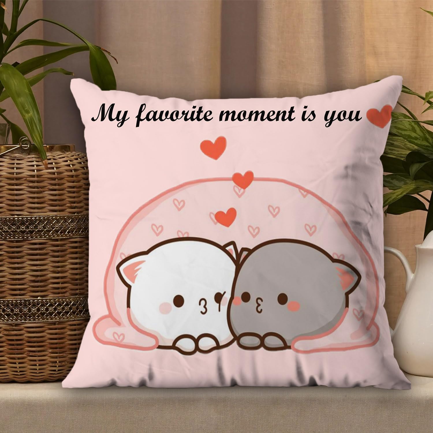 Peach & Goma Mochi Cat Pillow Cushion, Keychain & Card, Light Pink - 12 X 12 Inch | Gifts For Girlfriend, Wife, Husband, Boyfriend, Pillow For Couple | Peach Goma Pillow - Pack Of 1