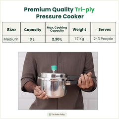 Triply Stainless Steel Pressure Cooker Outer Lid For 2-3 People - Small, 3 Ltr, 1.8kg | Induction Friendly, ISI-Certified, Nonstick 3-Layer Body, 100% Pure & Toxin-Free, 5 Years Warranty