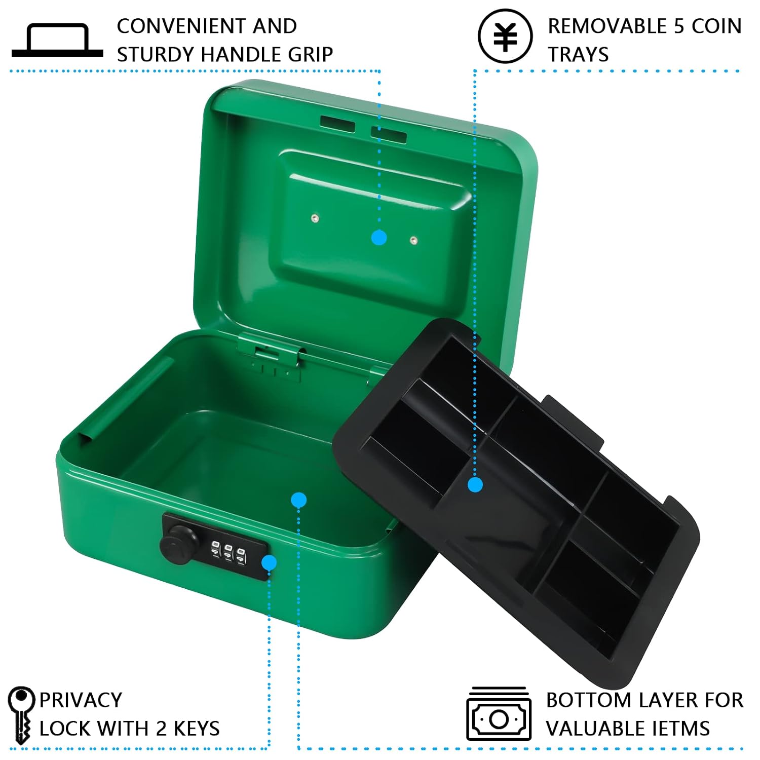 Medium Metal Cash Box With Combination Lock Safe & Money Tray For Security 7.87"X 6.30"X 3.54" Colour - Green