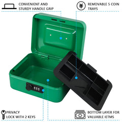 Medium Metal Cash Box With Combination Lock Safe & Money Tray For Security 7.87"X 6.30"X 3.54" Colour - Green