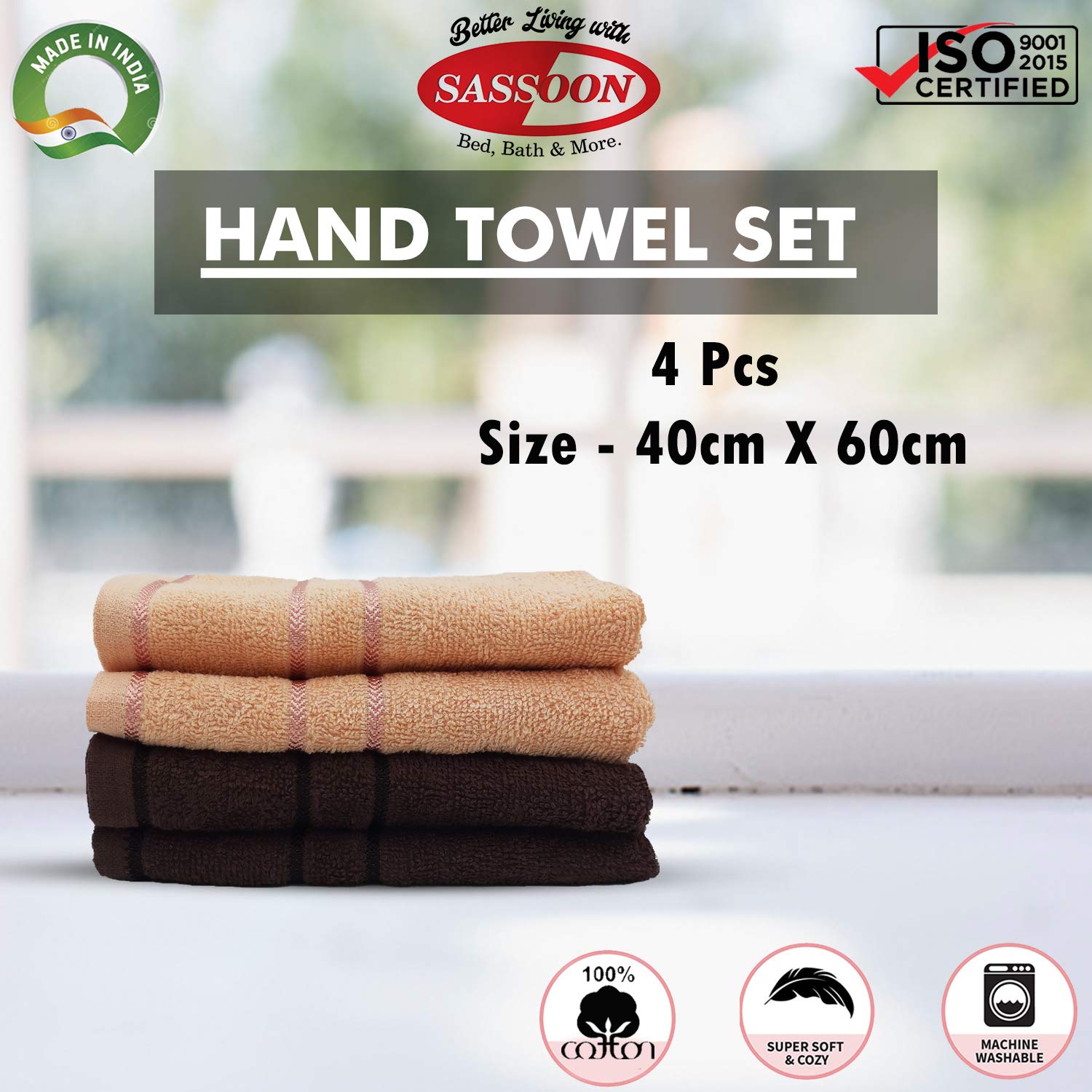 Sassoon Melrose 100% Cotton Hand Towel 800 Gsm | Highly Absorbent, Soft Material Perfect For Daily Use (Cocoa & Clay) -4 Piece
