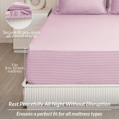 210 TC Cotton Double Bed Fitted Bedsheets With 2 Pillow Cases - 78 X 72 Inches, Light Pink | Satin Stripes Wrinkle Free | Comfortable Fabric Bedsheet