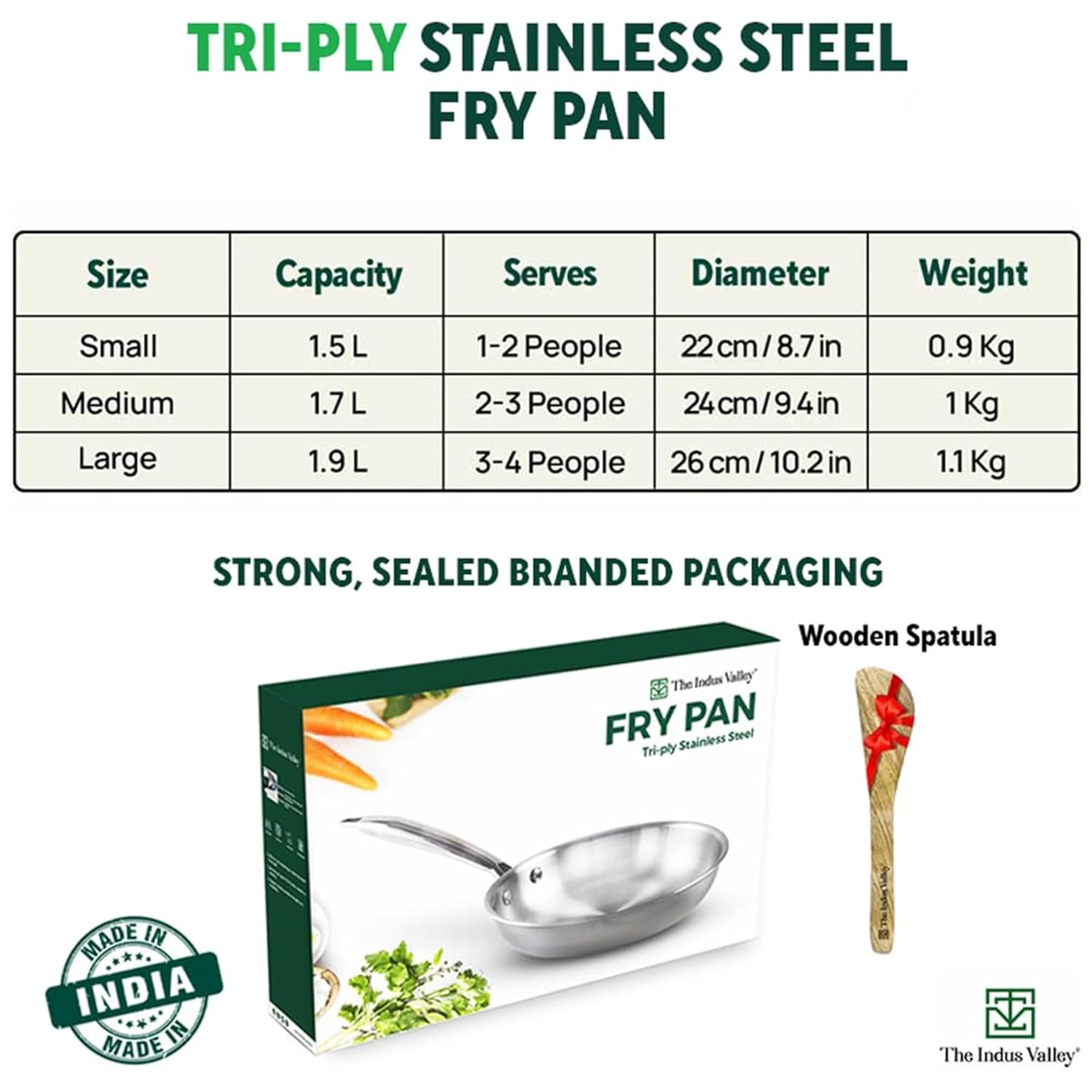 Triply Stainless Steel Fry Pan With Free Wooden Spatula For 2-3 People - Medium, 24cm, 9.4 Inch, 1.7 Liters, 1 Kg | Induction Friendly, Nonstick 3-Layer Body, Toxin-Free, No Chemical Coating