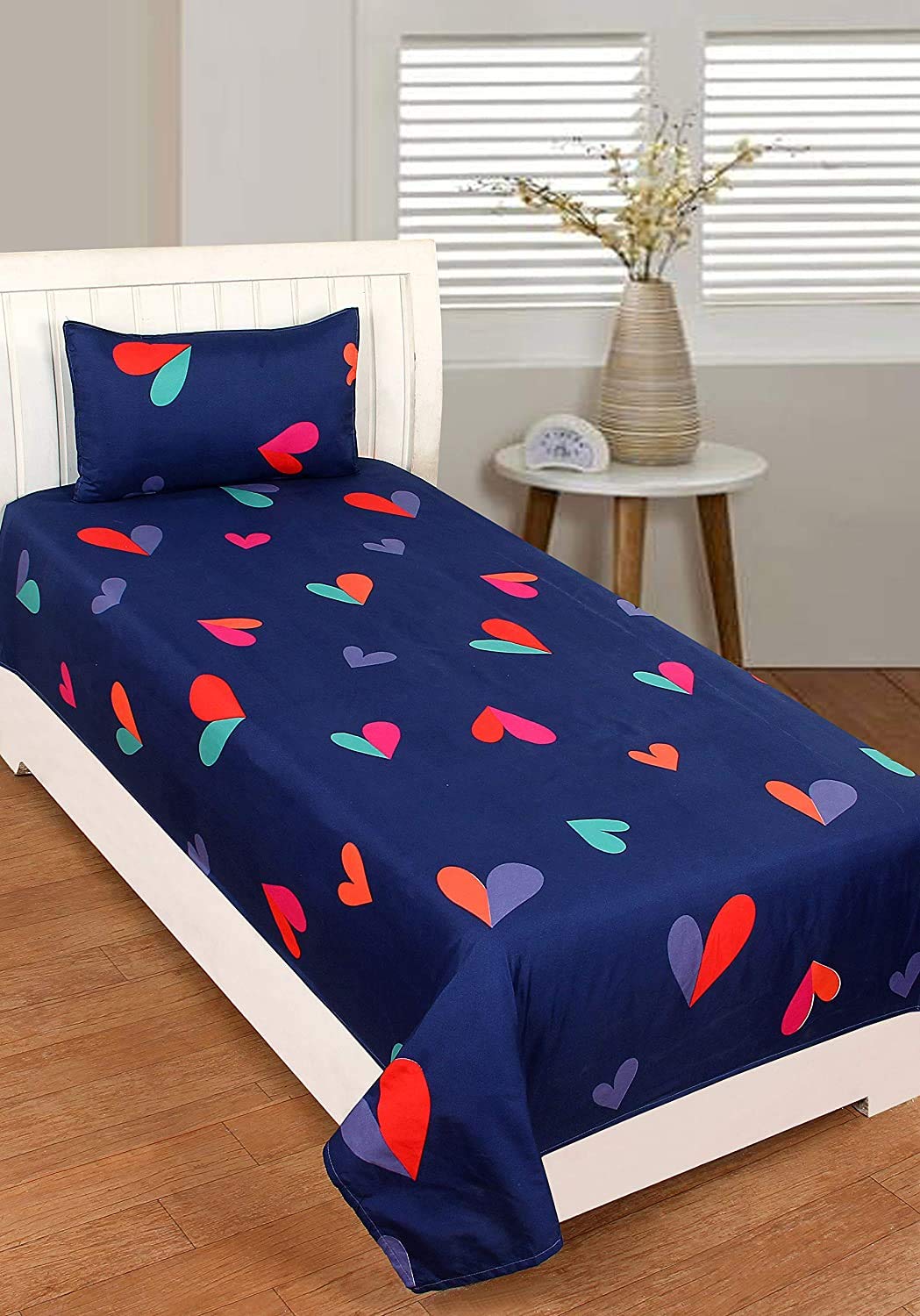 1 Single Glace Cotton Flat Bedsheet With 1 Pillow Cover & Single Comforter - 60 X 90 Inches, Dark Blue | Soft & Durable For Everyday Use - All Season Comfort