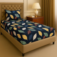 Floral Printed Elastic Fitted Single Bedsheet With 1 Pillow Covers - 72x36+6 Inches, Dark Blue | 220 TC Super Soft Breathable & Wrinkle Free