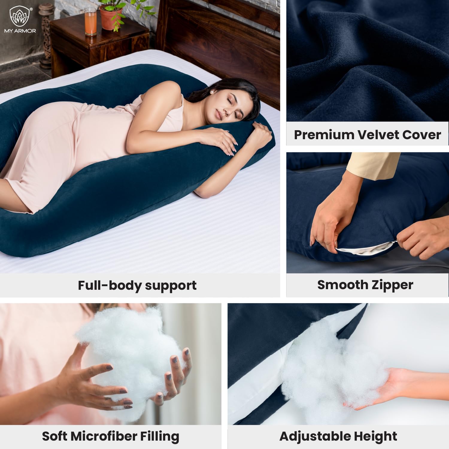 Full Body U Shape Pregnancy Pillow For Women, Maternity Pillow, Navy Blue | Pillow Gift For Pregnancy Sleeping, Premium Velvet Cover With Zip | Adjustable & Washable, Relieves Pain