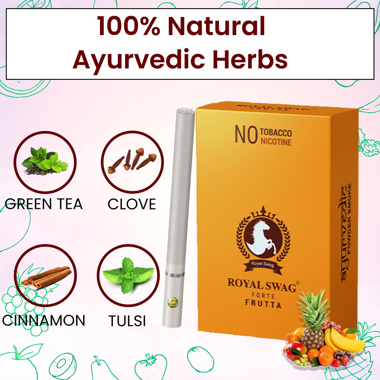 Royal Swag Natural Herbal Cigarettes Ginger, Frutta Flavour (20 Sticks) Ayurvedic Herbs Clove, Tulsi, And More Additives And Chemicals 100% Tobacco Free & Nicotine Free