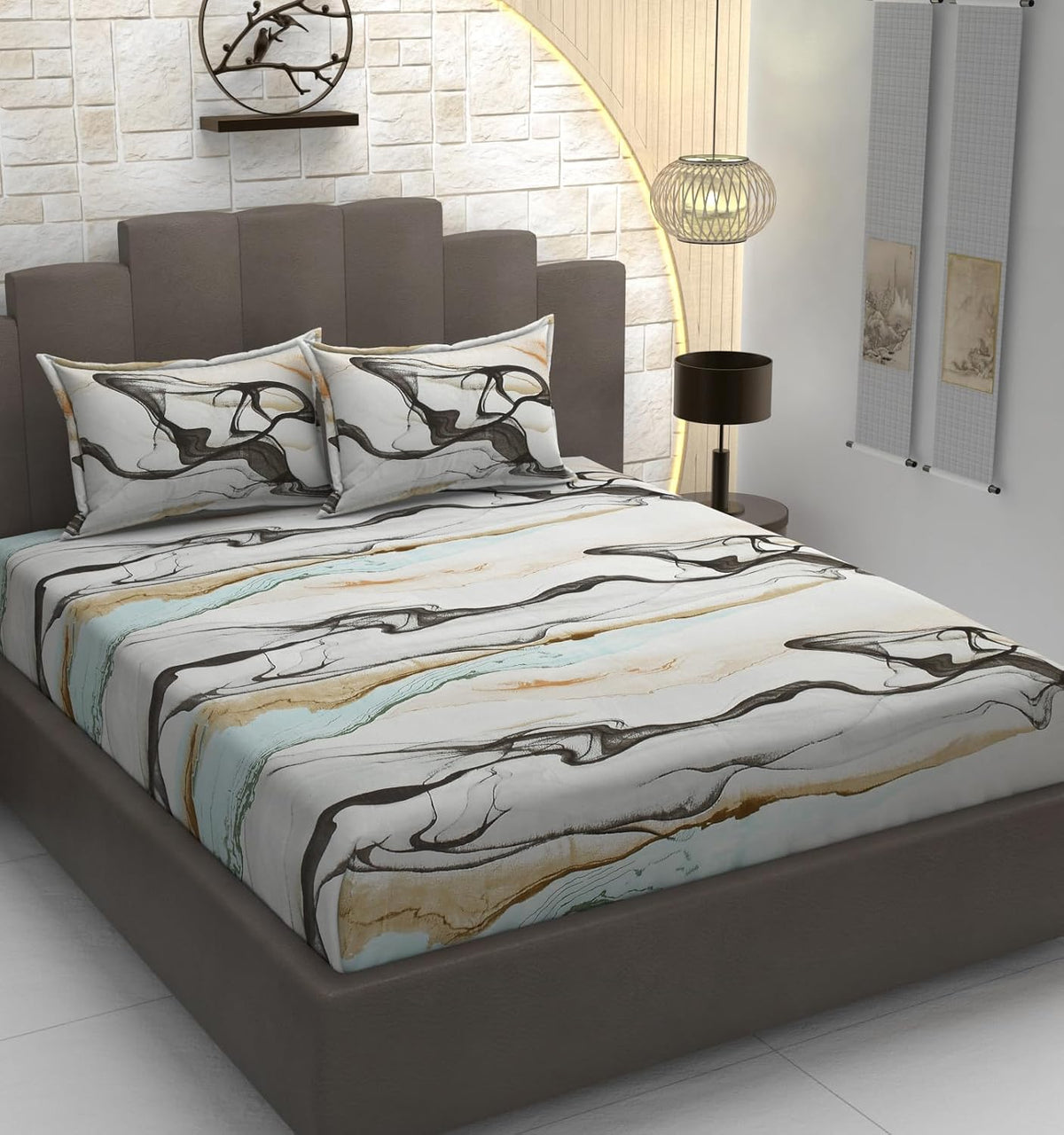 Cotton Premium Bedsheet For Double Bed With 2 Pillow Covers - 90 X 98 Inches, Grey & Black | Traditional Printed - Soft, Breathable & Comfortable