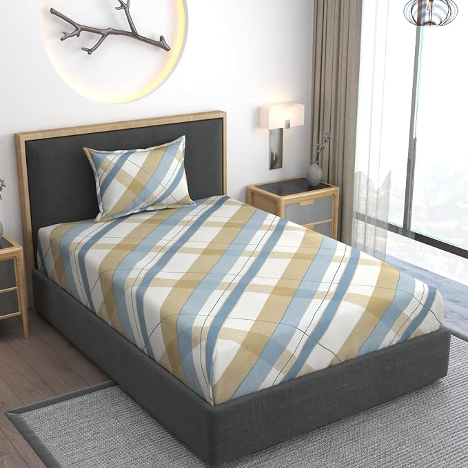 Cotton Bedsheets All Around Elastic Fitted Single Size Premium Super Soft Fitted With 1 Pillow Cover - Single Bedsheets Size 78x48 Inches, Blue Line | Lightweight, Soft, & Comfortable