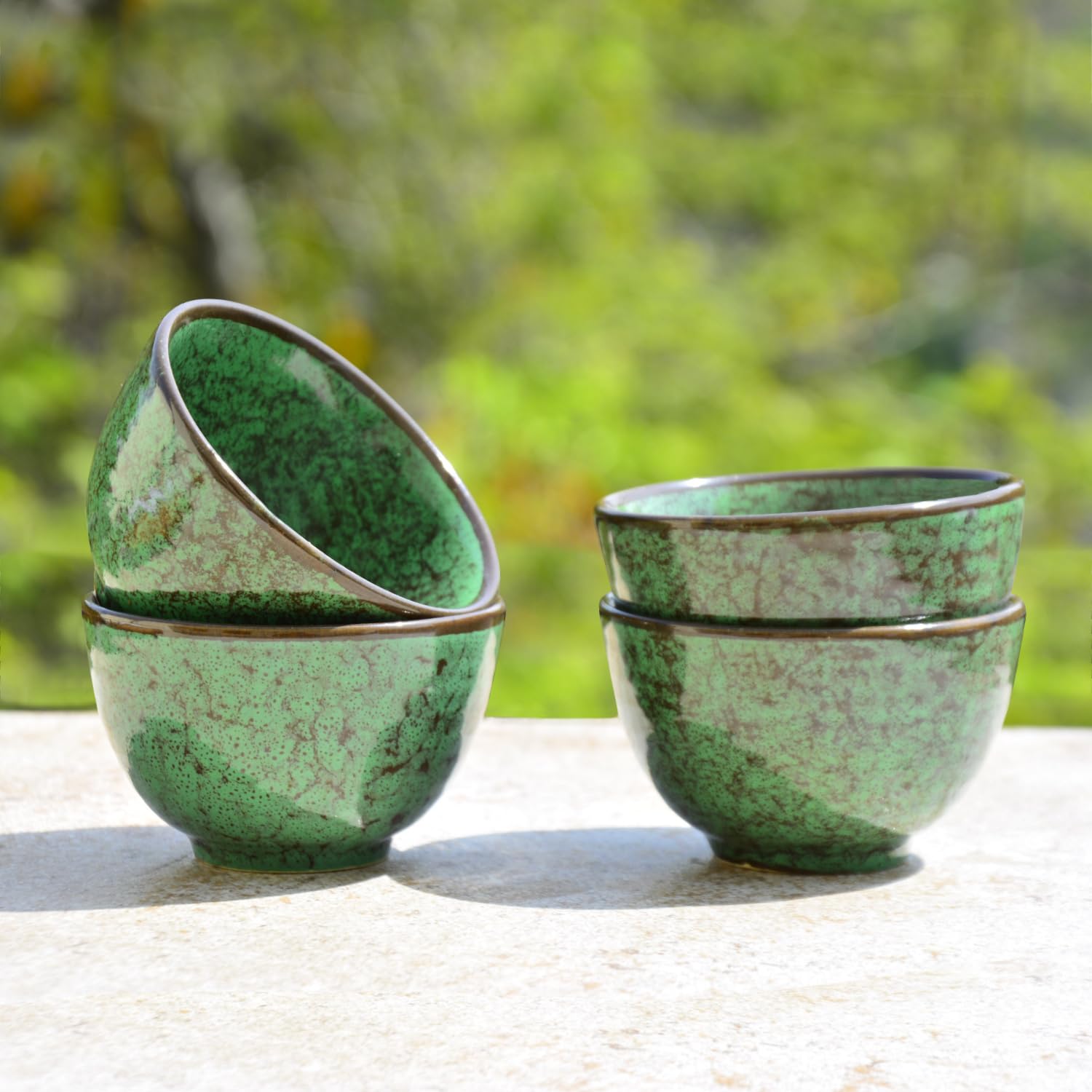 Studio Pottery Ceramic Dinner Serving Bowls Set Of 4 - 200ml Each, Seaweed Green | Vegetable & Dessert Serving Bowls - Ceramic Katoris