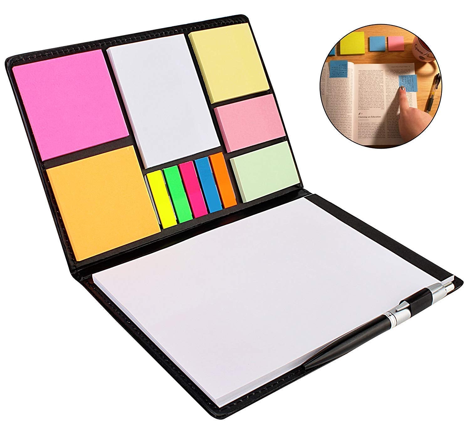Faux Leather 12 In 1 Large Size Memo Notebook Notepad With Multi Size Sticky Notes & Ballpoint Pen