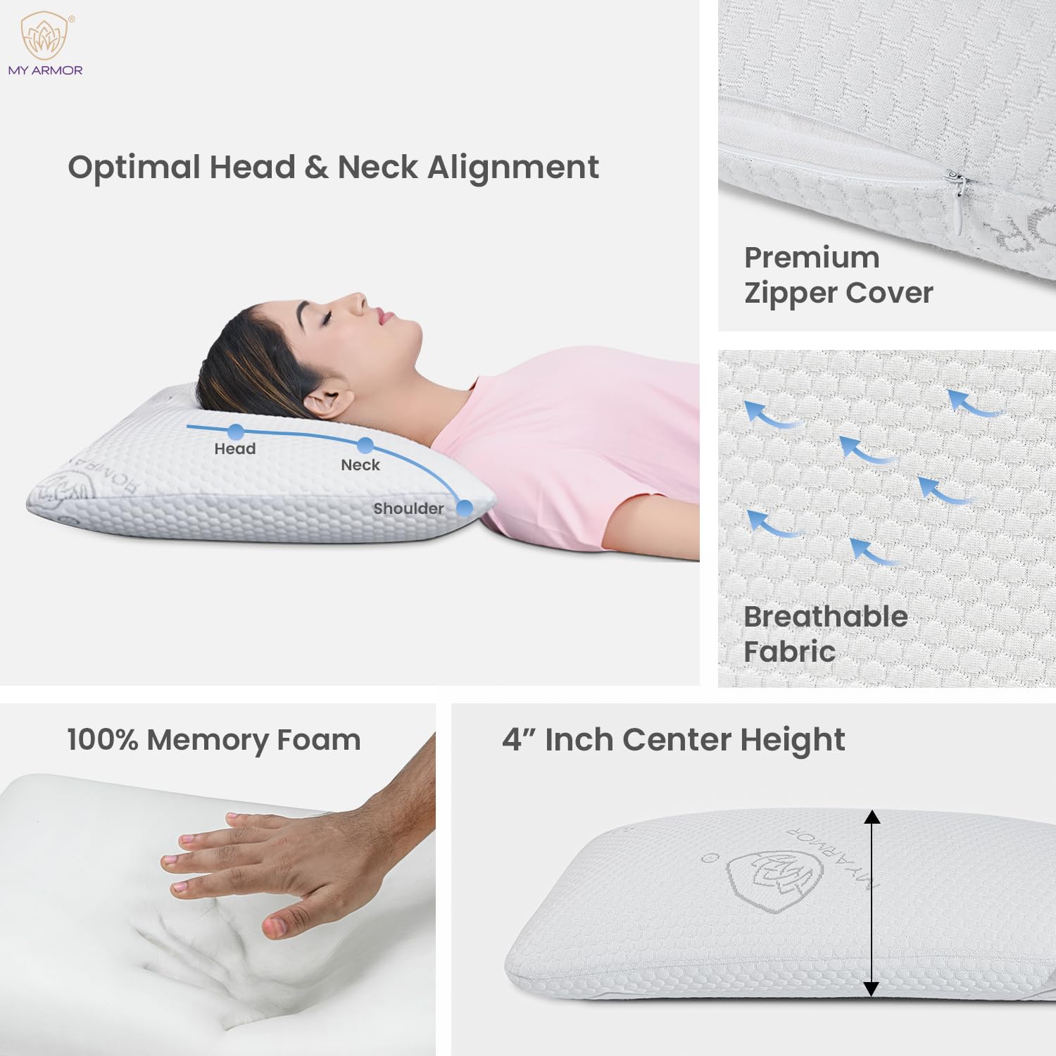 Memory Foam Pillow, Orthopedic Pillow For Sleeping, White, Thin Size - 4 Inch | With Removable Washable Jacquard Cover, Neck Support, Cooling, Hypoallergenic, Adjustable - Pack Of 1