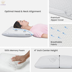 Memory Foam Pillow, Orthopedic Pillow For Sleeping, White, Thin Size - 4 Inch | With Removable Washable Jacquard Cover, Neck Support, Cooling, Hypoallergenic, Adjustable - Pack Of 1