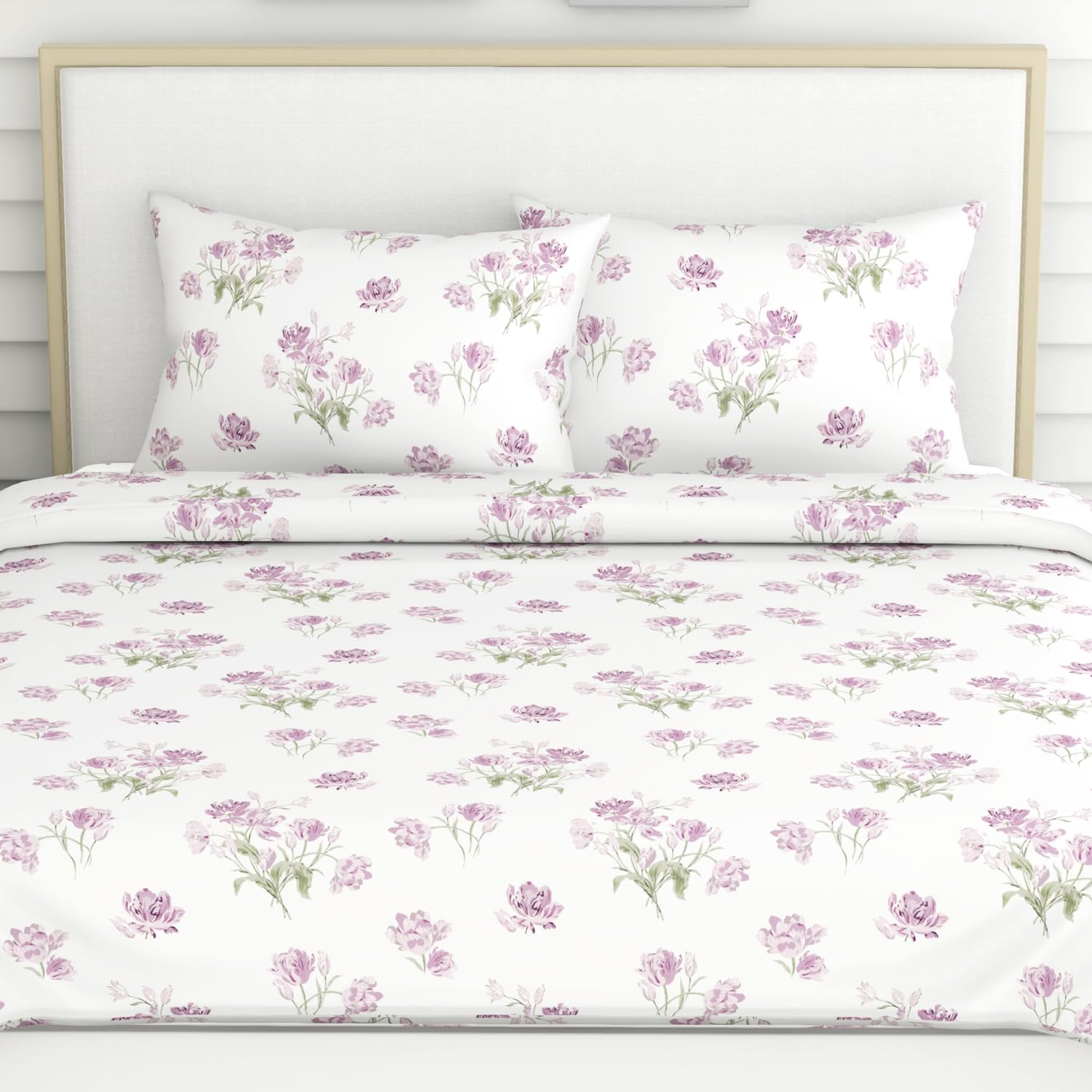 Double Bed Floral Bedsheet For Queen Size With 2 Pillow Covers - 90 X 100 Inches, White & Lilac | Smooth, Soft & Breathable | Ideal For Everyday Use