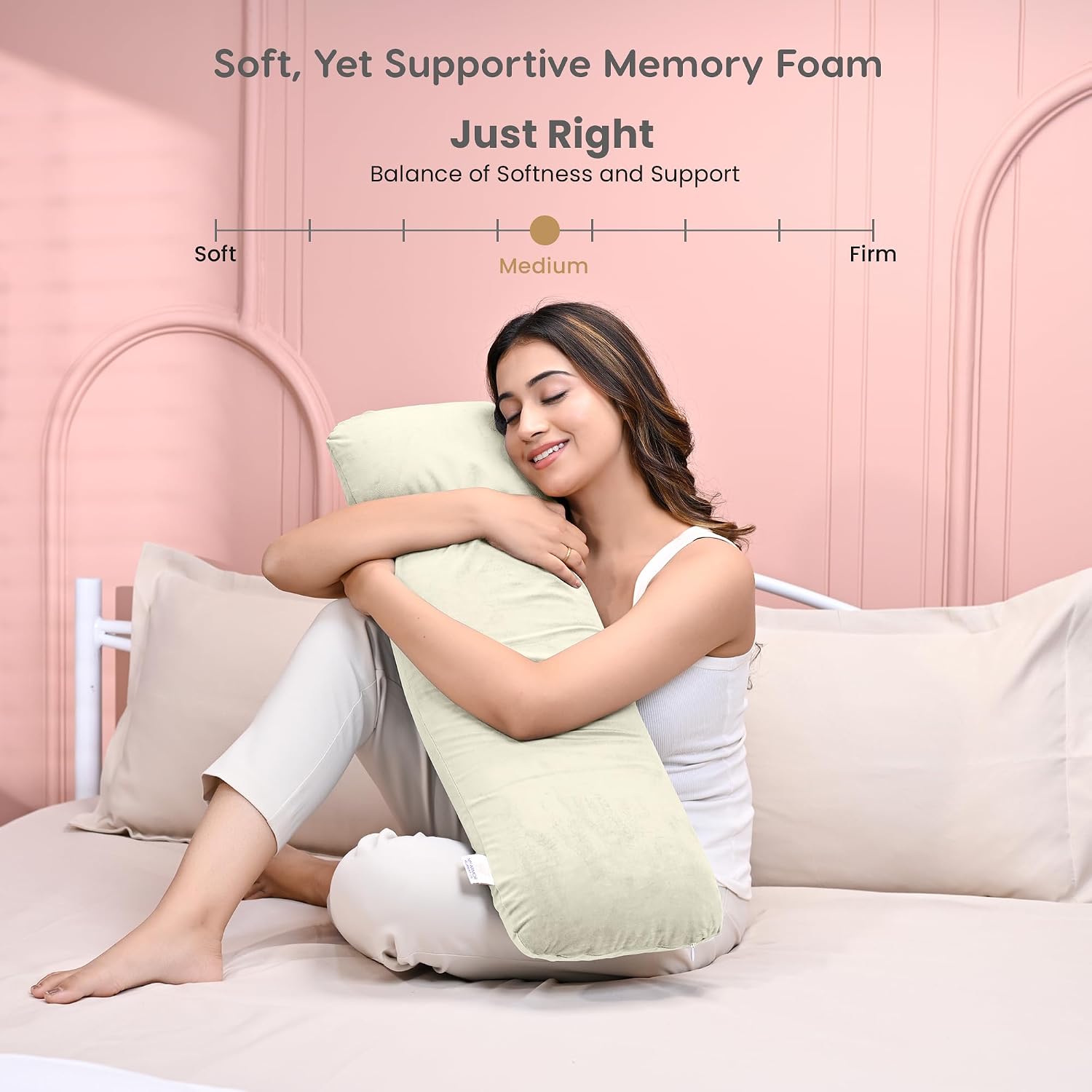 Memory Foam Half Body Pillow, For Sleeping & Hugging, Pregnancy, Cream - 30 X 10 X 5 Inches | Long Cuddle Pillow Suitable For Side Sleepers & Back Support | Velvet Cover, Multipurpose Use