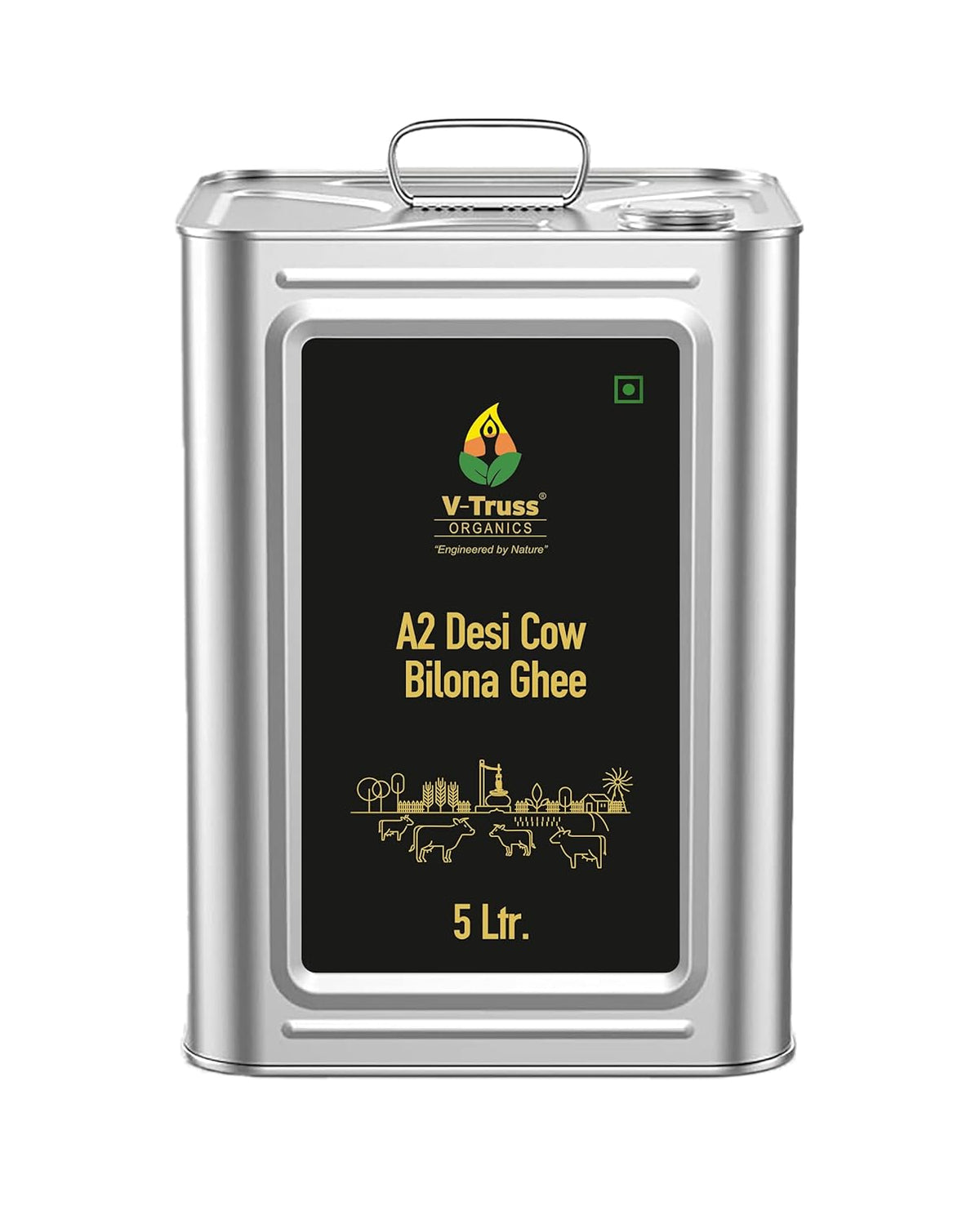 Premium A2 Pure Desi Cow Bilona Ghee By V - Truss Organics | Traditional Vedic Bilona Method Healthy Desi Cow Ghee Perfect For Cooking & Sweets | (5 Litre) 169.0 Ounce | Tin Pack