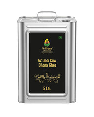Premium A2 Pure Desi Cow Bilona Ghee By V - Truss Organics | Traditional Vedic Bilona Method Healthy Desi Cow Ghee Perfect For Cooking & Sweets | (5 Litre) 169.0 Ounce | Tin Pack