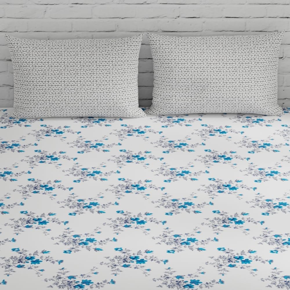 Queen Size Cotton Bedsheet With 2 Pillow Covers - 88 X 96 Inches, Cyan Blue & Grey | Perfect Floral Printed Bedsheet | Soft, Breathable & Comfortable