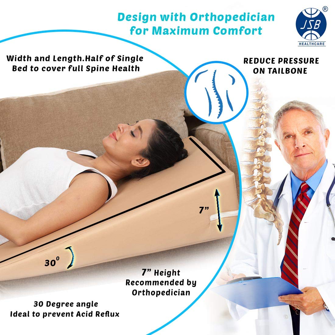 Bed Wedge Pillow, Orthopedic Back Cushion For Sleeping, Peach - XL Size | For Neck & Back Pain Support - Ideal For Acid Reflux, Gerd, Post Surgery, Anti Snoring, Maternity, Model No - BS34