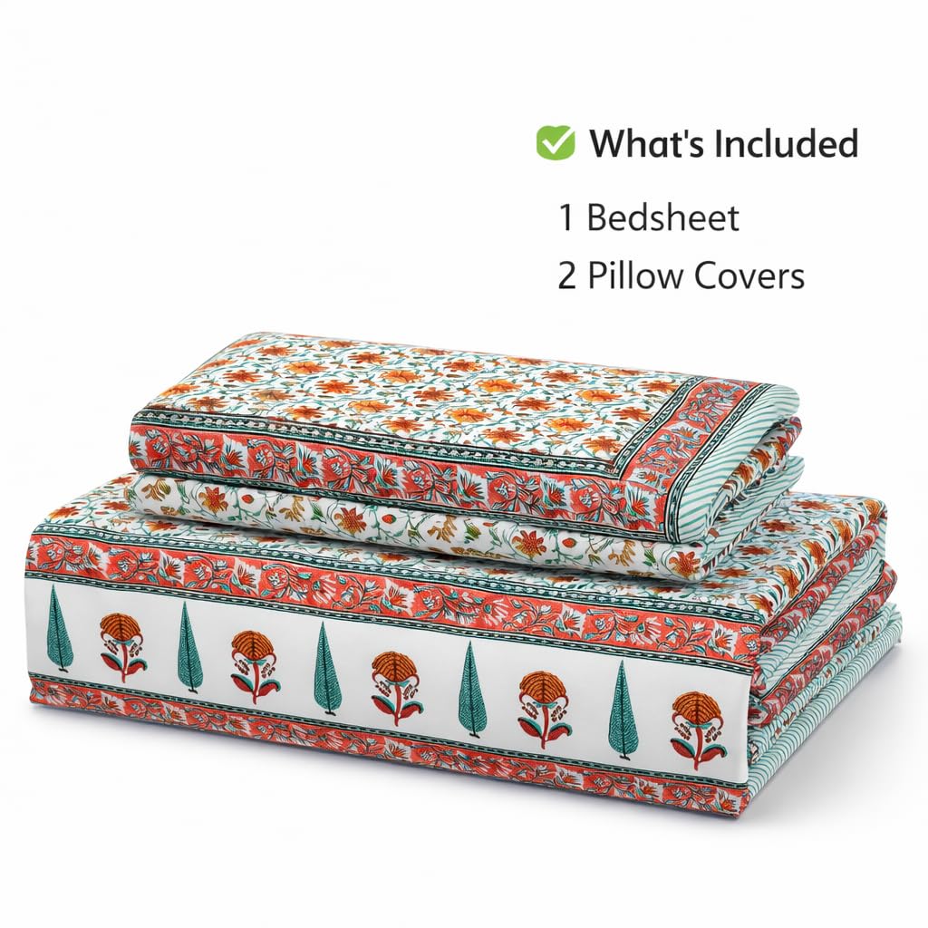 Pure Cotton Double Bedsheet For King Size With 2 Pillow Covers | 90 X 108 Inches, Green & Mustard | Ultra-Soft & Skin-Safe | Breathable Summer Comfort