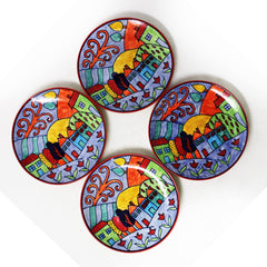Exotic Panorama Hand Painted Ceramic Quarter Plates Set Of 6 - Multicolor | Small Side Plates For Dinner & Snacks - 7 Inch, 6 Pieces, Microwave Safe
