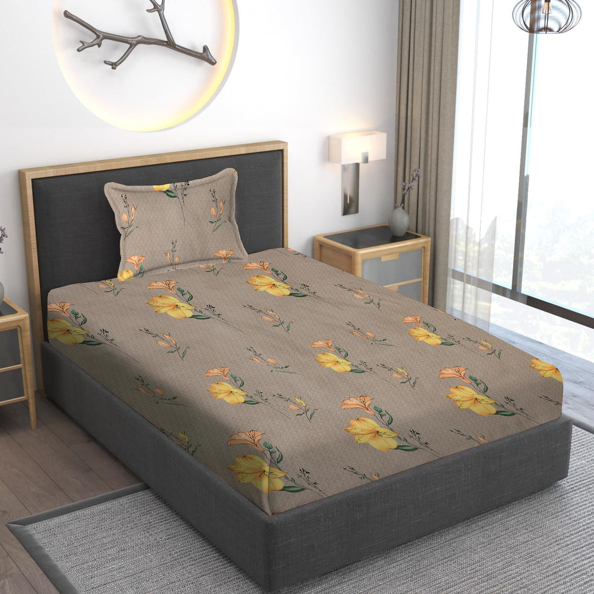 Print Cotton 1 Single Bedsheet With 1 Pillow Cover - 60 X 90 Inches, Yellow & Brown | Soft & Breathable Fabric, Skin-Friendly Bed Sheet For All Seasons