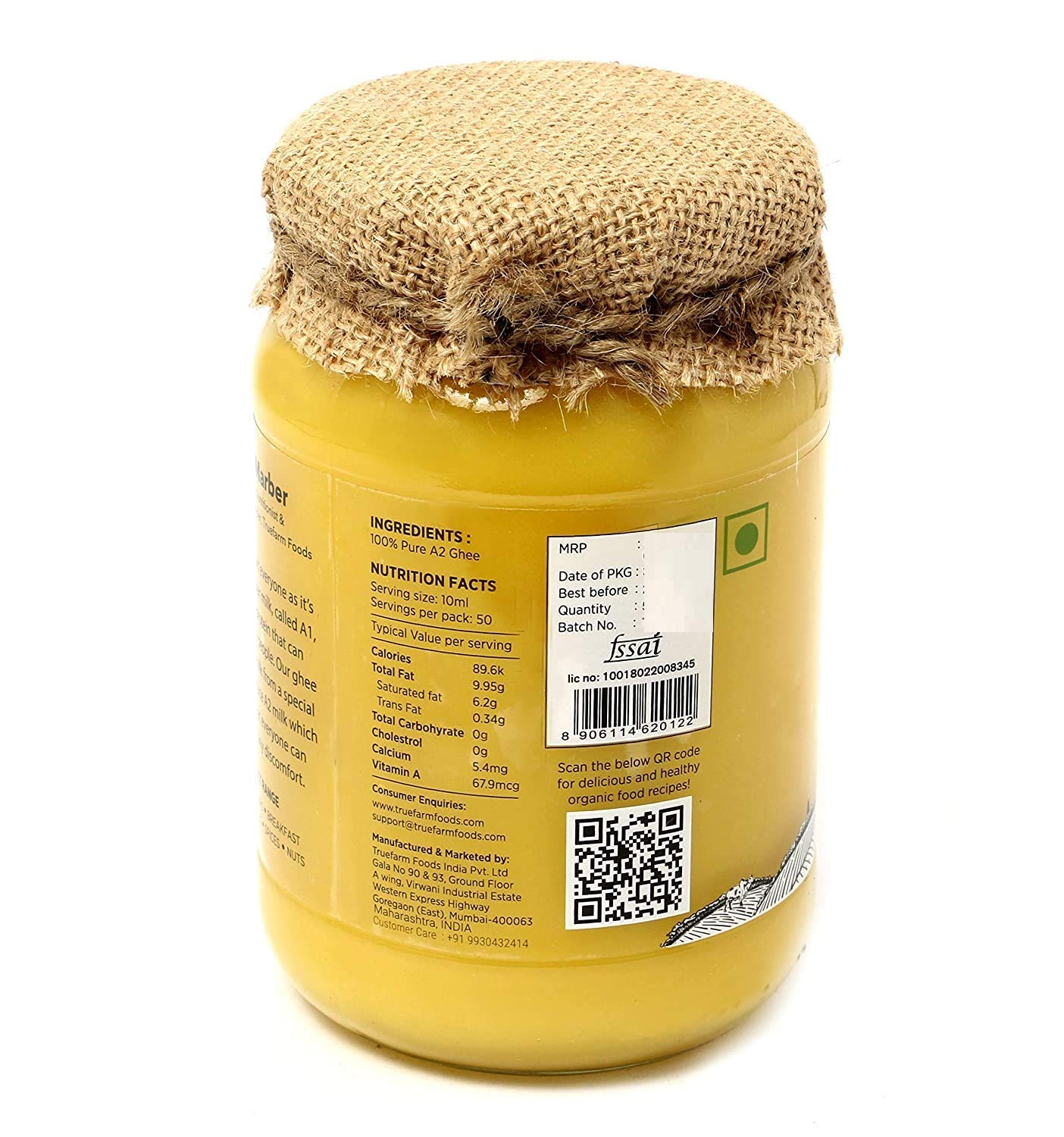 Organic Certifed A2 Ghee By Truefarm | Traditional Hand Churned Vedic Bilona Method Shuddh Desi Ghee Good For Health | (500ml) 16.9 Ounce | Jar Pack