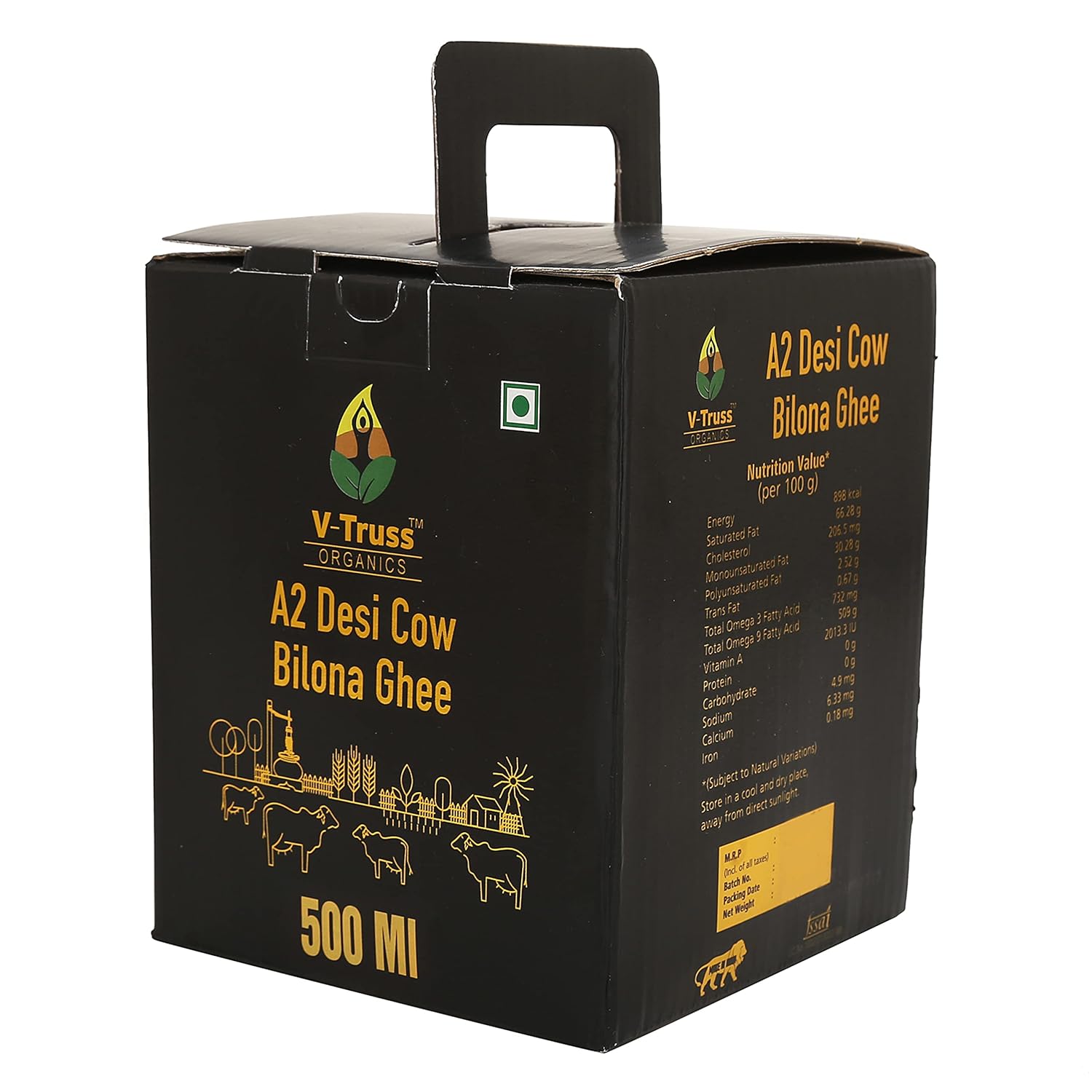 Premium A2 Pure Desi Cow Bilona Ghee By V - Truss Organics | Traditional Vedic Bilona Method Healthy Desi Cow Ghee Perfect For Calcium | (500ml) 16.9 Ounce | Jar Pack