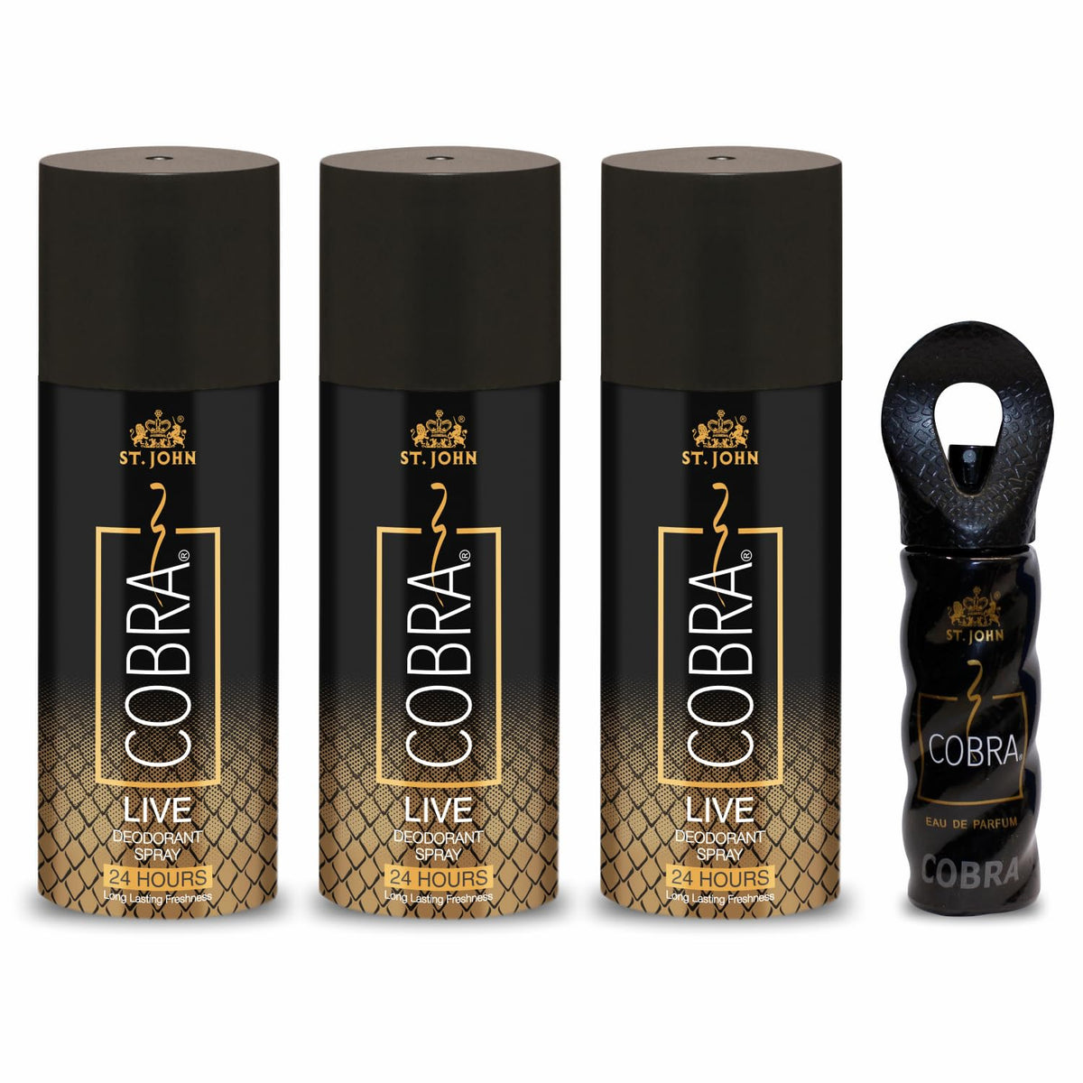 St. john Cobra Live Body Deodorant 450ml 15.2 Fl.oz. & Cobra Eau De Perfume 15ml 0.5 Fl.oz. Pack Of 4 | Perfect Gift Set For Men & Women