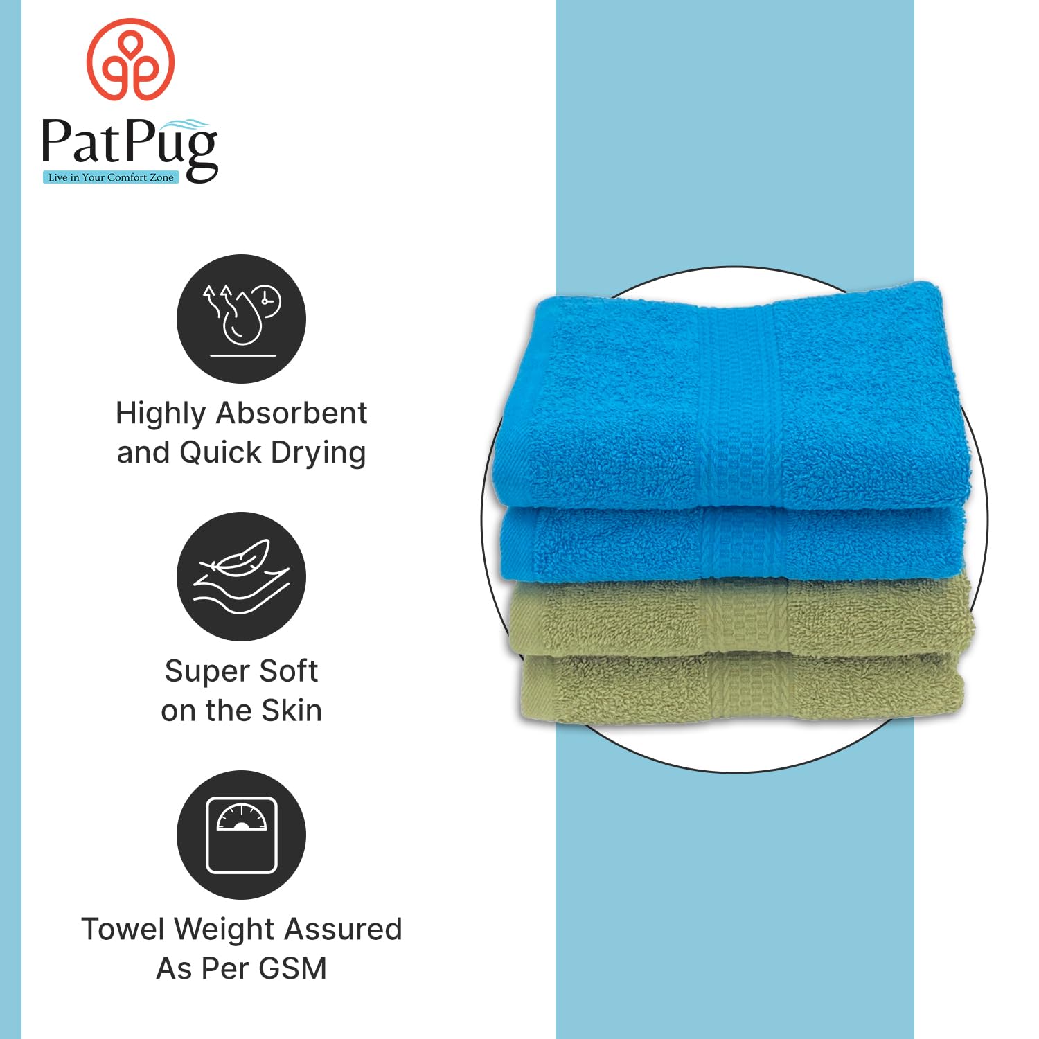 Patpug 100% Indian Ultra Soft Cotton Hand Towel 500 Gsm | For Gym, Workout, Yoga, Wash Basin (Olive Green & Turquoise Blue) -4 Piece